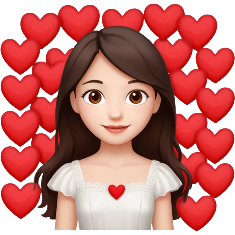 A girl with long, dark brown hair, fair skin, hazel eyes, and a beautiful white dress, is very happy because of love, surrounded by hearts. emoji