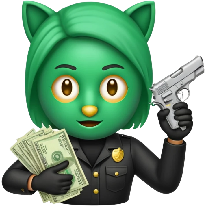 Un emoji con una mascara negra con una pistola pequeña en la mano y que en la otra mano tenga una paca de billetes emoji