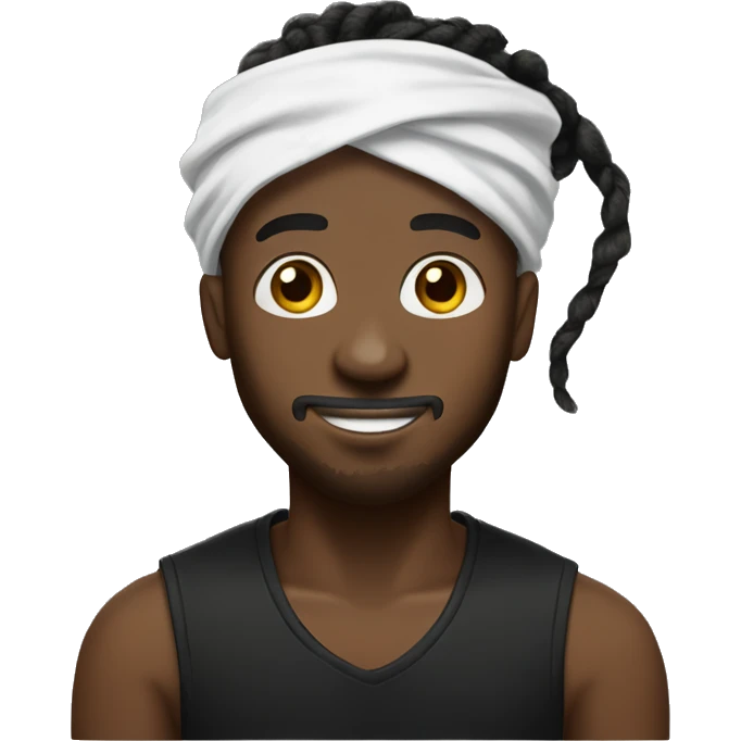 Black man with a dreadlock bun with a under cut with a white and black bandana on his head with black t shirt emoji