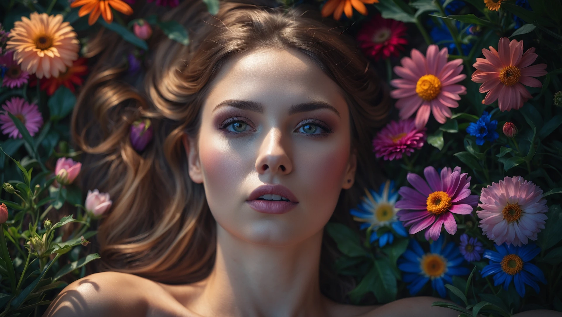Camera drom top, Extreme Closeup photo of a beautifull woman lay around beautifull colorfull flowers, cinematic light, 8K, very detailed, sharp emoji