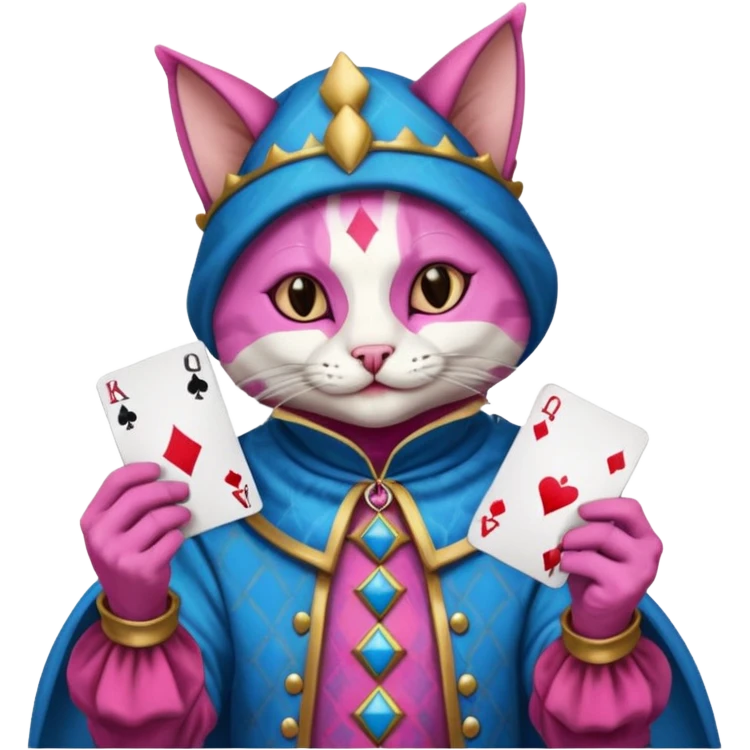 court jester cat medieval, poker cards, pink and blue emoji