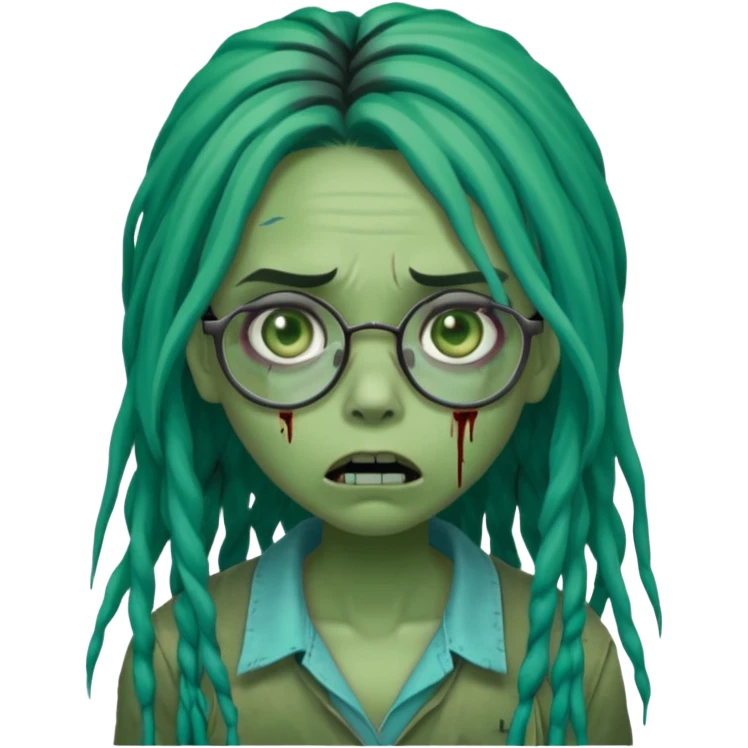 One young female green-skinned, zombie with glasses, with ombre black roots & teal tips long dreadlocks and a worried expression with a small wound near its mouth. emoji