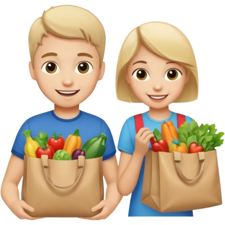 caucasian kids putting groceries in bags smiling emoji
