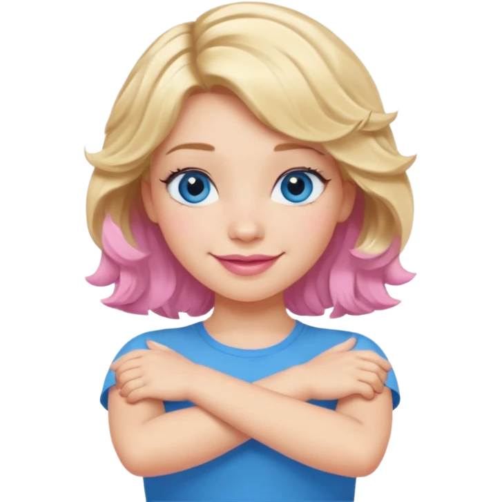 Girl Blonde short wavy hair,  blue eyes, cute blue top, long lashes, pink lips, smiling, making cross arms X with arms  emoji
