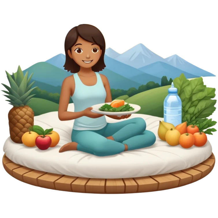 A person in the sun, with a plate of whole foods, water bottle, and glowing bed behind them. Nearby, smiling friends gather—symbolizing balance, healing, and connection through simple daily rituals. emoji