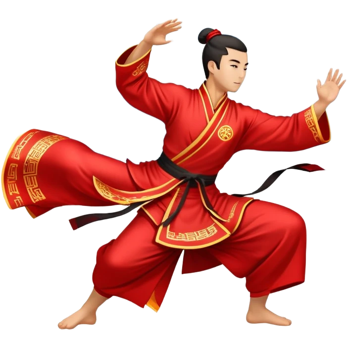 Emblem symbolizing Wushu martial arts. A graceful martial artist performs a dynamic kung fu pose, with flowing movements and a long, elegant robe. The background features stylized clouds and traditional Chinese symbols, representing fluidity, balance, and precision. Transparent background. emoji