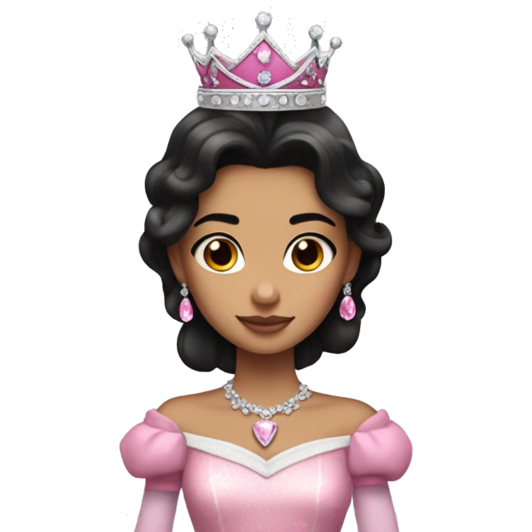 PRINCESS WITH WHITE SKIN, LONG VOLUMOUS BLACK HAIR, WITH PRINCESS CROWN, WITH PINK PRINCESS OUTFIT diamonds emoji