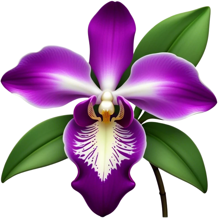 Cinematic Realistic Orchid Emoji, Exotic and elegant, with intricate, velvety petals in deep purple and white, forming a delicate and symmetrical blossom. The slender green stem holds the flower high, while surrounding leaves add lush contrast. Soft glowing outline, capturing the essence of rare beauty and sophistication in a captivating orchid. emoji