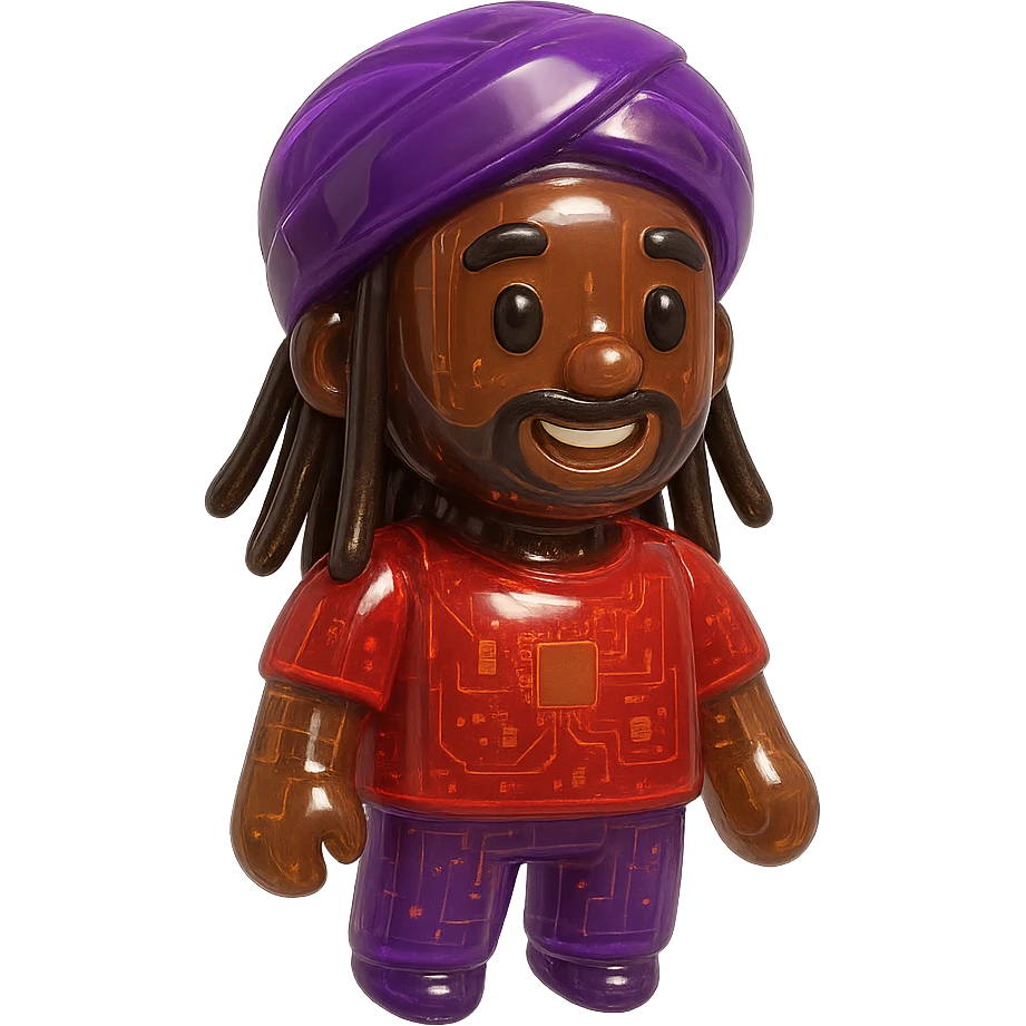Brownskin man with long brown dreadlocks 
red t-shirt 
purple turban 
expression is happy emoji
