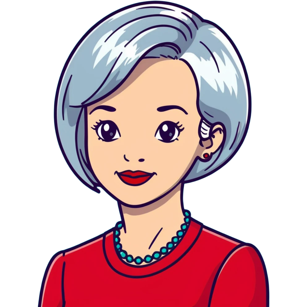 Elegant older woman with silver-gray bob haircut, light skin, almond eyes, red lipstick, red blouse, sophisticated warm smile emoji