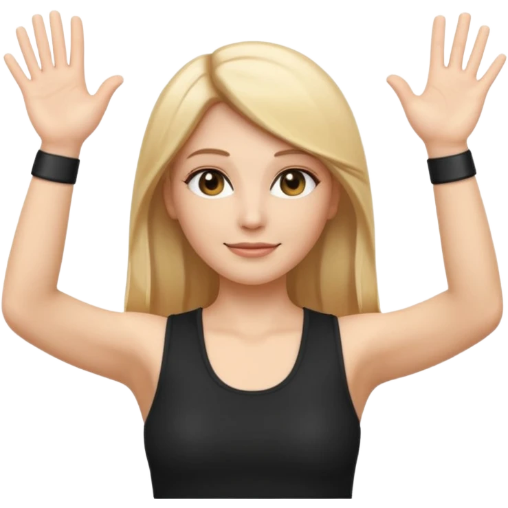 I want a white female dj animated gif emoji with long straight centre parting blonde hair putting hands up in the air. Wearing a black tight top with no sleeve emoji