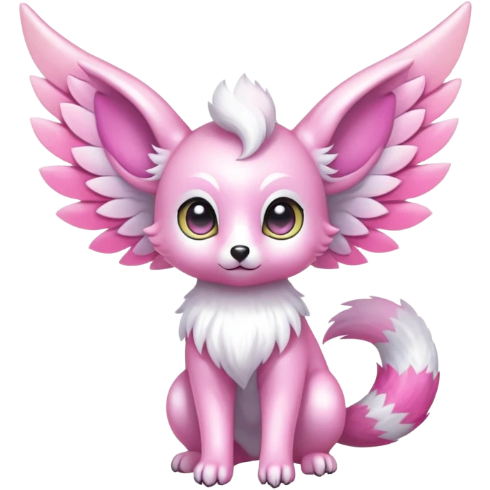 Shiny epic glittery iridescent divine white gold pink animal-fakemon-creature with head-ear-wings, cute, adorable, big eyes, fluffy tail emoji