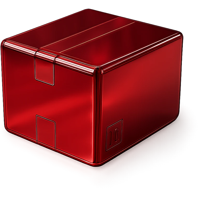 Add a specular layer with color #C31F3F to the chrome package box, keeping the metallic, shiny, modern look, and preserving the original shape and tape details. emoji