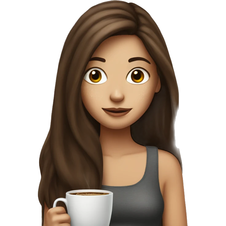 Brunette long hair girl with freckles having coffee emoji