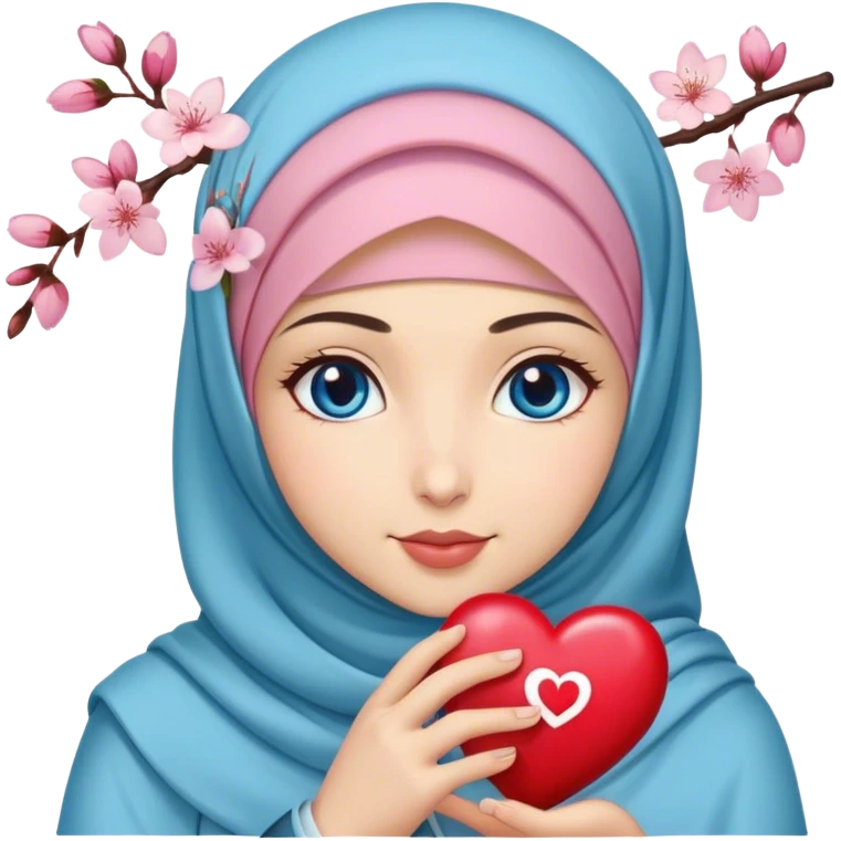 Turkish beautiful finish Konya girl blue eyes with cherry blossom flower design hijab and hold heart in her hand  emoji