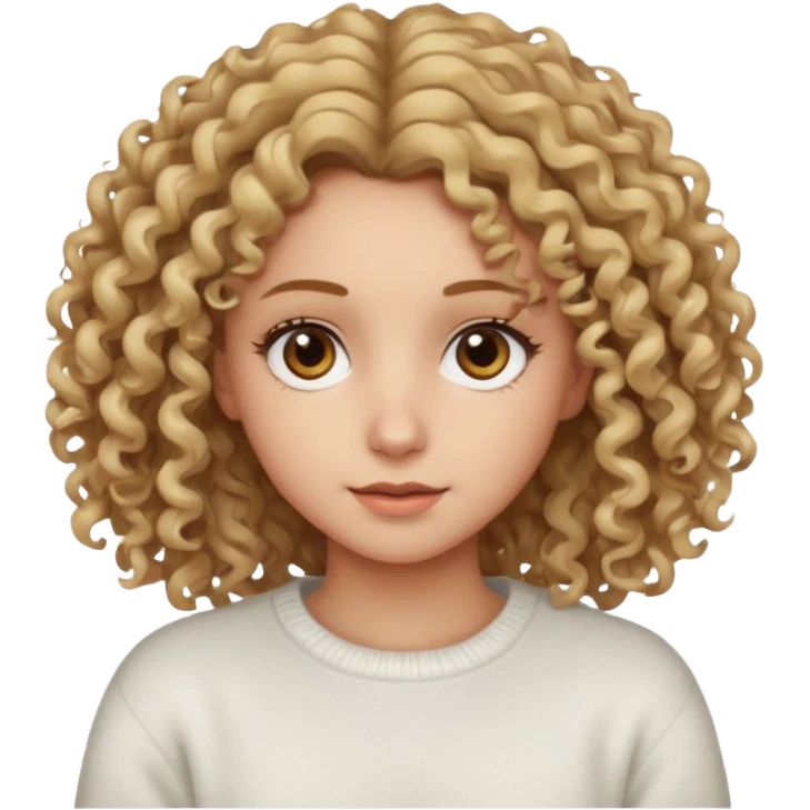 a dirty blonde girl with brown eyes and make her wearing a white sweater with curly hair and white skin color emoji