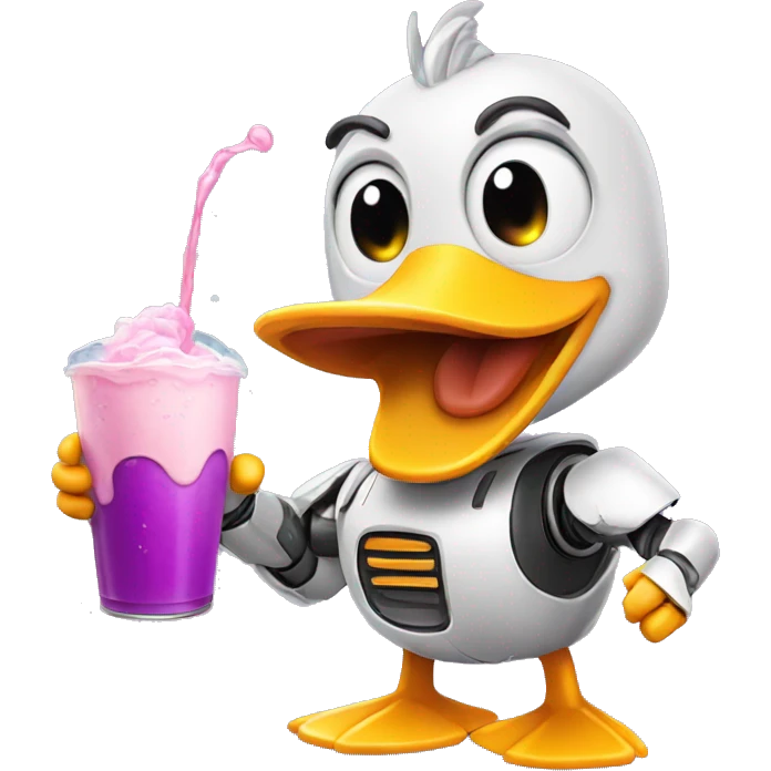 Robot duck drinking the grimace shake emoji