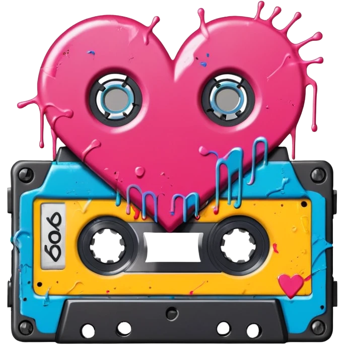 Colorful graffiti illustration of a realistic music cassette tape, a hand drawn heart shape filled in with color markers appears on the label of the tape. solid white background, with some paint spatter behind cassette  emoji