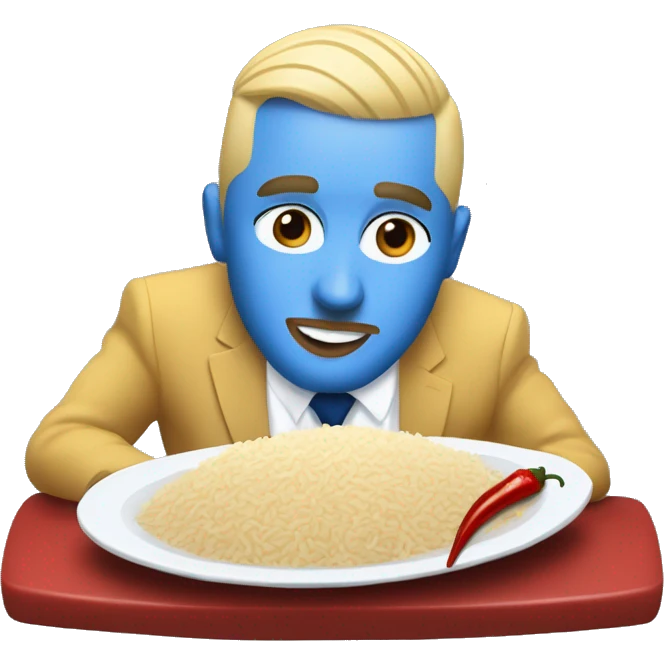 realism mac miller with a blonde comb over skin fade and blue eyes wearing a blue suit eating chilli with rice emoji