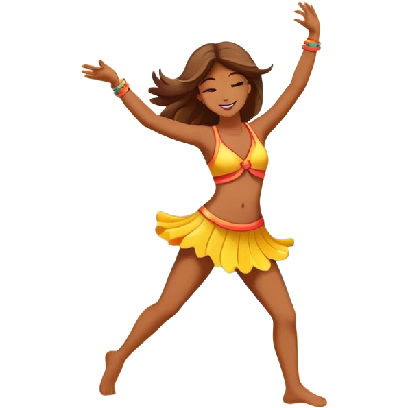 Colorful beach character dancing on sand with sun and ocean, highlighted emoji