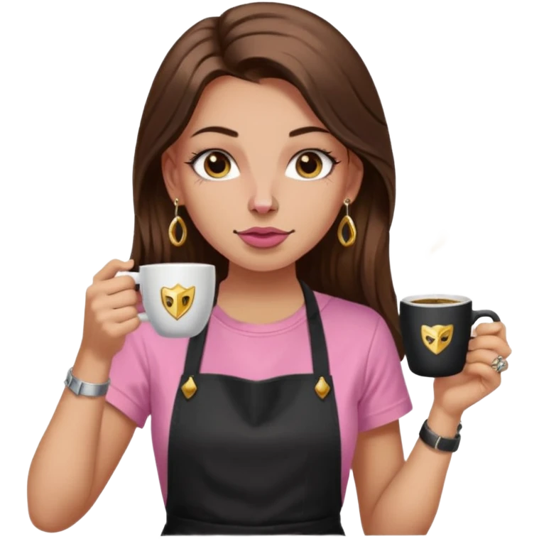 Fille cheveux long châtain, peau beige type européen, teeshirt rose avec un tablier noir, piercing au nez anneau doré, boucle d’oreille diamant doré. Elle boit un café. tatouage à la gorge  emoji