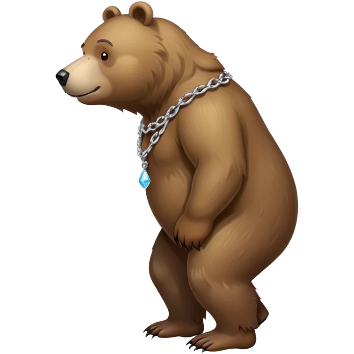 Full-length realistic bear on all four legs in walking position, medium brown color, stern face, head to tail view, ice chain necklace emoji