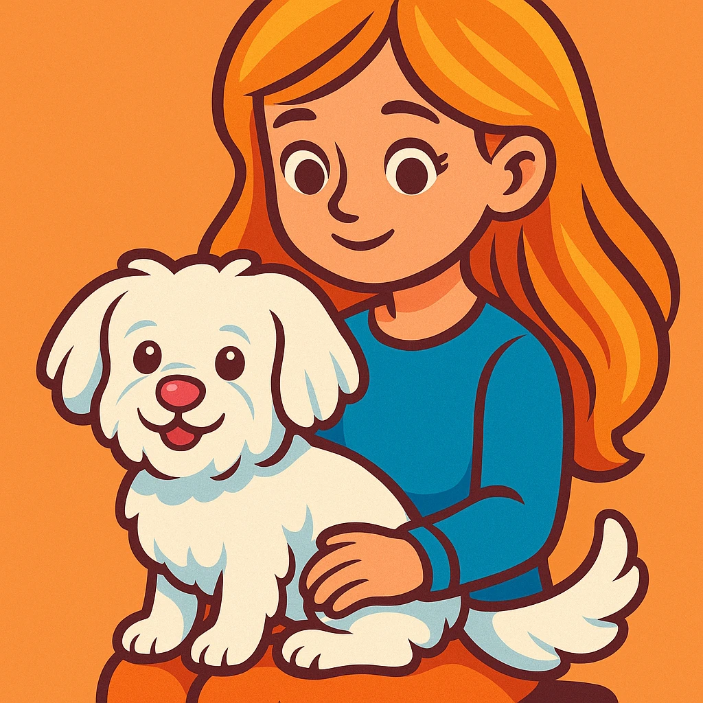 a cute white Maltese terrier with a pink nose sitting on the lap of a girl with long, blow-dried strawberry blond hair, brown eyes, delicate features, vibrant cartoon style emoji