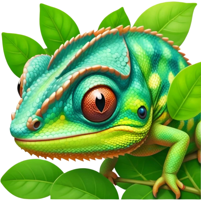 cinematic cute-smiling baby chameleon-realistic emoji,-blending-with-vibrant-greenery.-detailed-scales-in-shifting-colors,-showing-the-chameleon’s-ability-to-camouflage.-soft-natural-light-highlights-its-texture.-light-background, zoomed into its face emoji