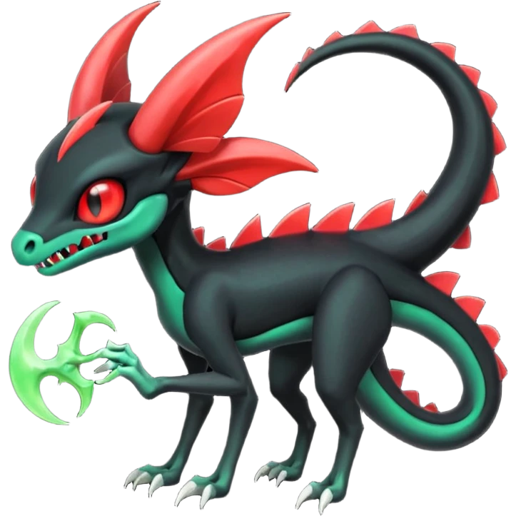 Horned Obsidian-black and neon-glowing-green skeletal Meloetta-Salandit-Gorebyss-Salazzle-Pokémon-Fakémon-creature-fusion-hybrid with glowing crimson-red evil slit eyes emoji