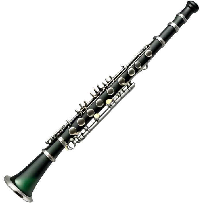 Create an elegant and refined emoji representing A clarinet. The design should showcase the sleek, black wood finish of the clarinet with its shiny metal keys and elegant detailing. Include the distinct, high-quality features of the Green Line model, such as the unique greenish tint of the wood, giving it a modern and sophisticated look. Add subtle elements like the mouthpiece with the reed, emphasizing its importance in sound production. Use dark tones like ebony, silver for the keys, and soft light reflections to evoke a professional, classical feel. The background should be transparent. emoji