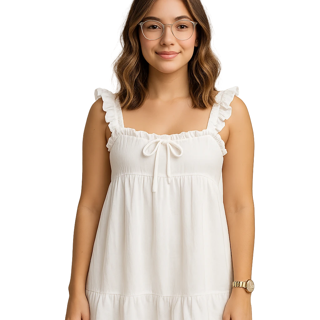 a young woman with soft waves of medium-length, highlighted hair, wearing clear eyeglasses and light natural makeup, dressed in a white, loose, ruffled babydoll dress with tied accents and frilled shoulder straps, standing confidently, smiling gently at the camera, one arm relaxed at her side, white painted nails, gold wristwatch, isolated on white background emoji
