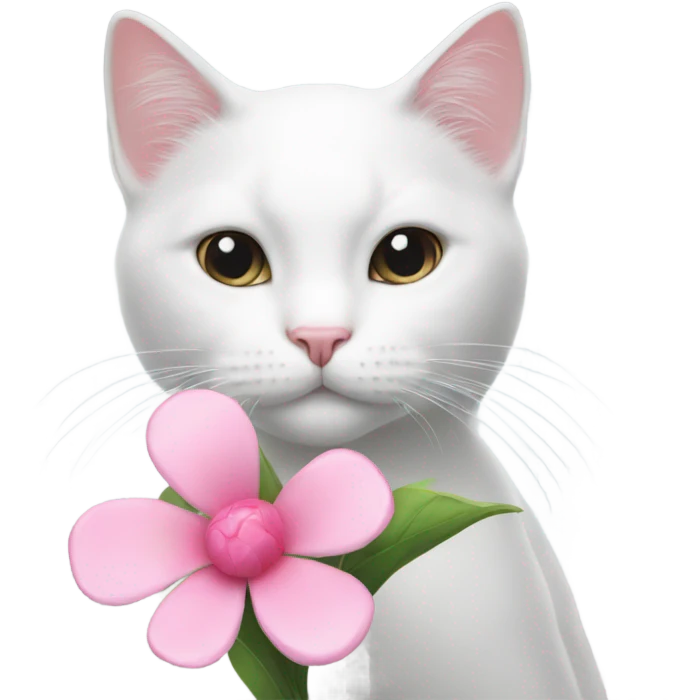 White cat holding a pink flower emoji