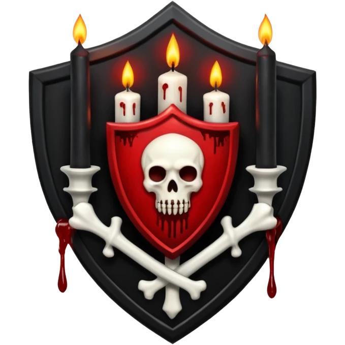 Creepy shield badge, candles, bones, blood dripping, gothic horror design, no background
 emoji