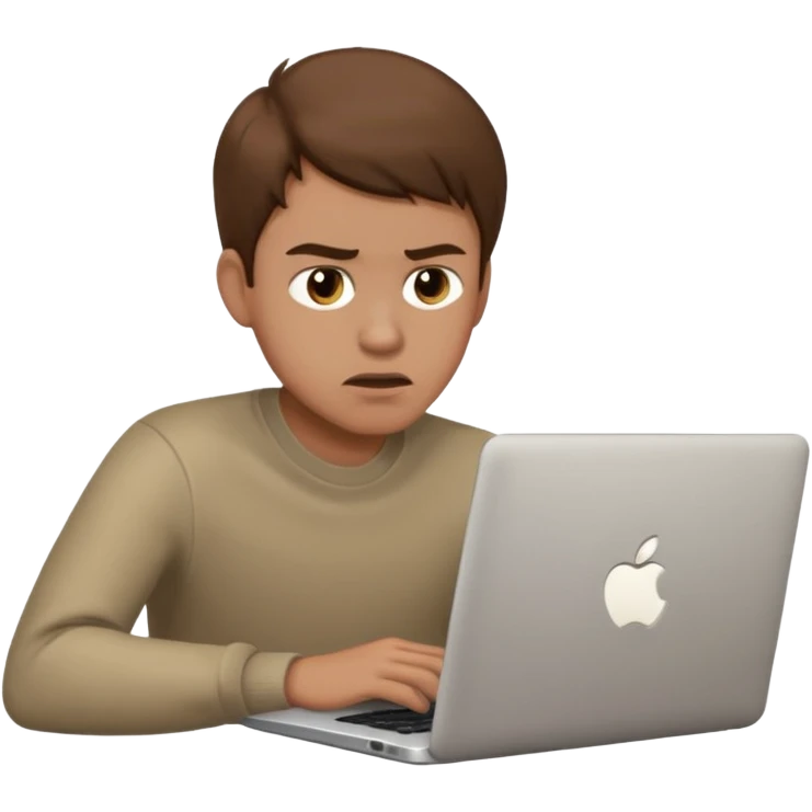 memoji of a man with a laptop in front, apple-style,modern,brown hair light skin ton and a bit frasturated emoji