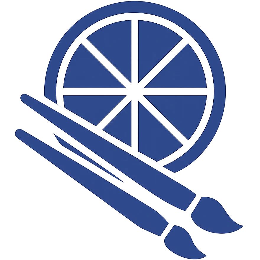 Redesign the citrus and paintbrush icon in a very simple, flat color clip art style. Use blue as the main color with minimal shapes. No text. Transparent background. emoji