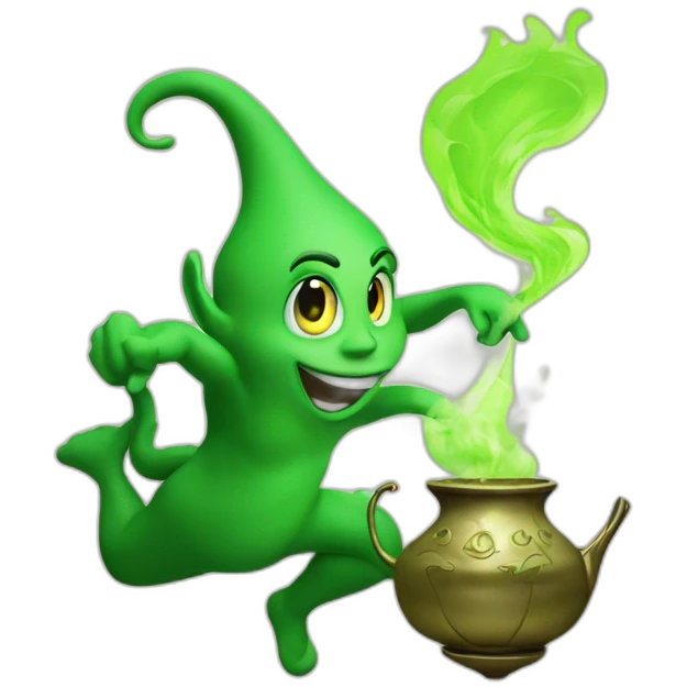 green genie coming out of a genie lamp, environmentally friendly, smoke emoji