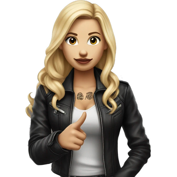 Blonde women with LONG HAIR, in Leather Jacket, Body Covered with Tattoos, POINTING YOU FORWARD with her HAND with INDEX FINGER, Hyper Realistic emoji