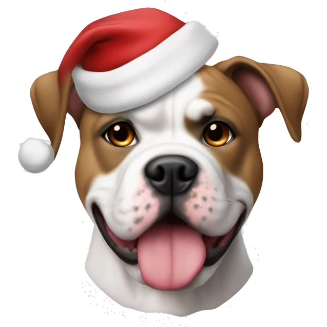 Brown and white American bulldog in a Santa hat emoji