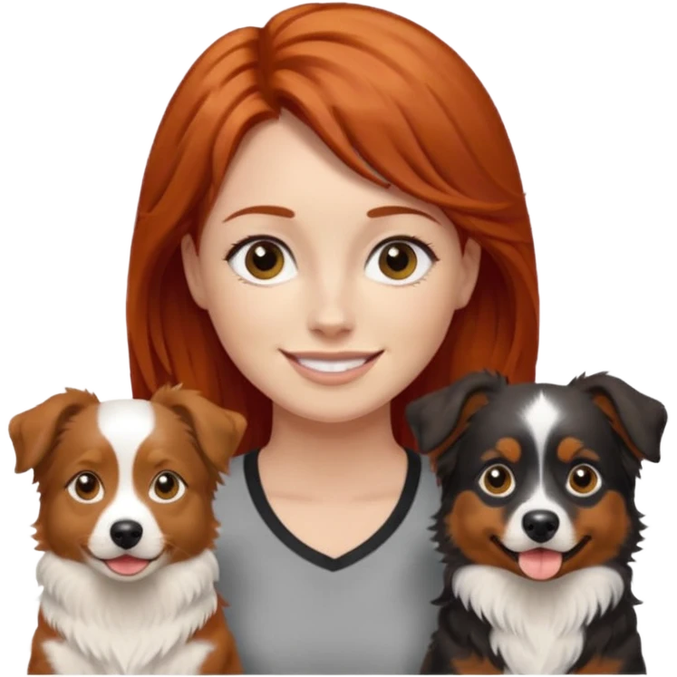 young red-haired woman with two mini Australian shepherds, brown white and black, male larger and robust, female smaller and daintier, emoji style emoji
