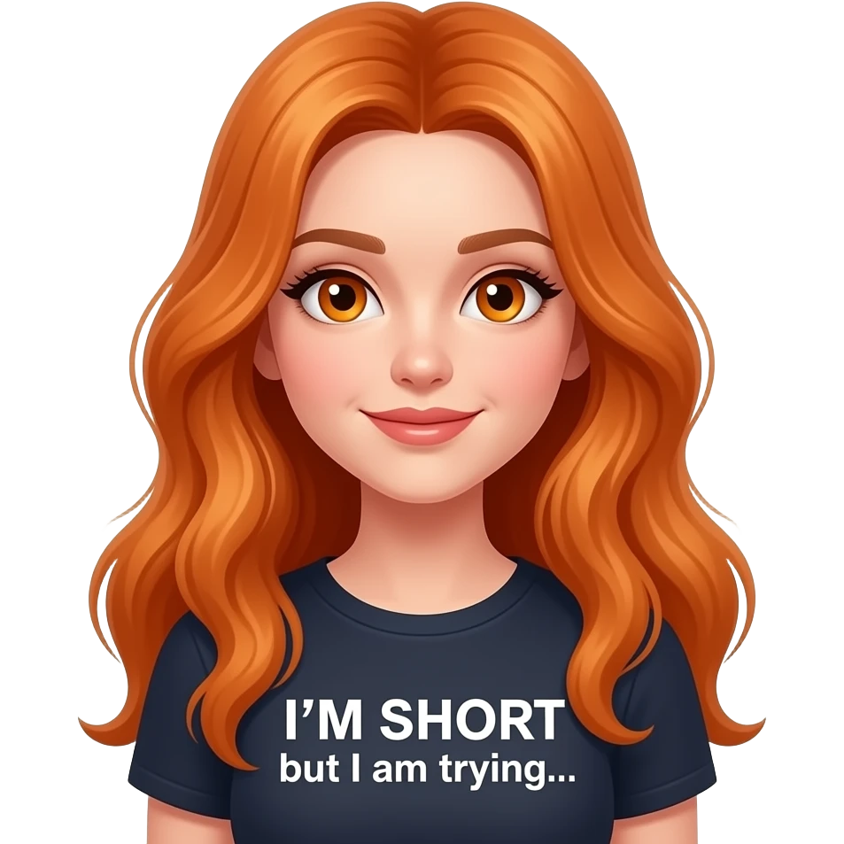 sexy girl with overlong ginger hair and ginger eyes a top with I'M SHORT but I am trying... written on it emoji