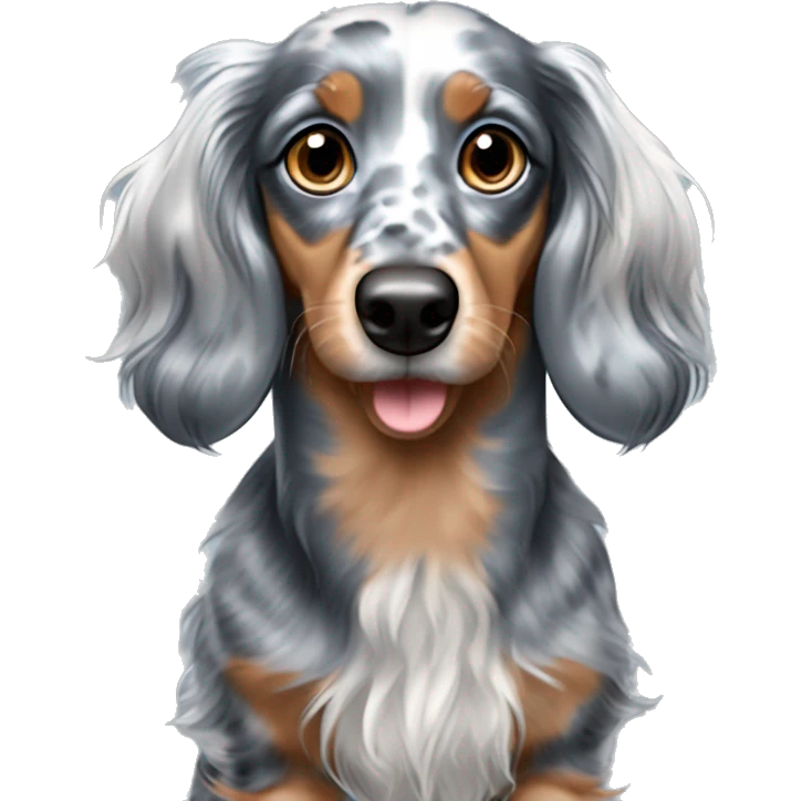 long haired dapple blue merle dachshund with one blue eye and one brown eye emoji