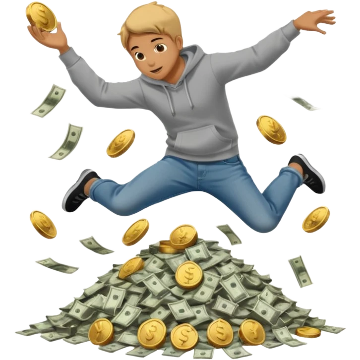 casually dress person in jeans and a hoody jumping into a pile of money emoji