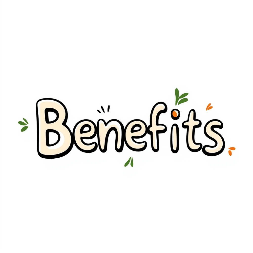 The word "Benefits" hand-drawn in white/cream colored text with just a few green and orange accents. Simple doodle style. emoji