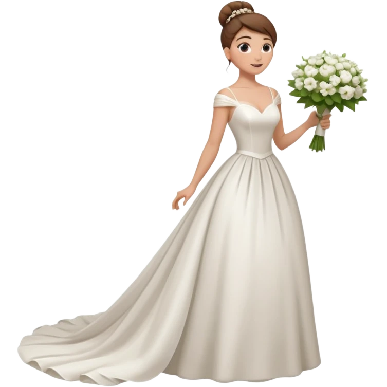 Chica blanca, cabello moreno, recogido en moño alto con mechones, vestido novia , cuerpo entero, ramo de flores en una mano, cola trasera emoji