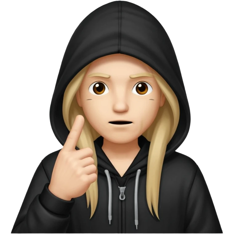 Moreno greñudo con capucha cuba la cara para el dedo del medio emoji