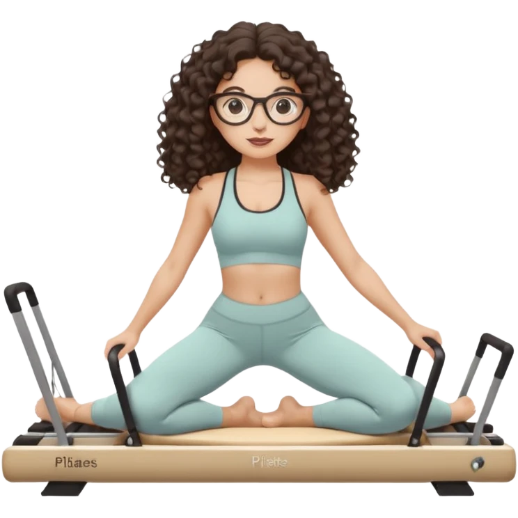Memoji-style girl with long dark brown curly hair, round glasses, large brown eyes, soft rounded face,makeup, warm beige skin tone, wearing Pilates activewear performing Pilates and reformer Pilates exercises on a reformer machine, pastel color palette, smooth soft shading emoji