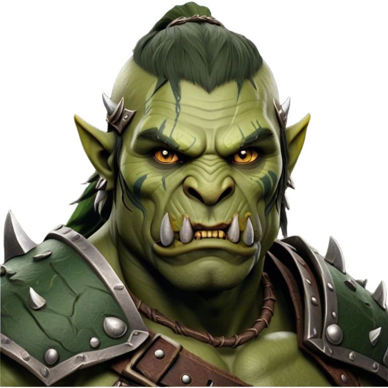 Cinematic Realistic WoW Orc Warrior Portrait, depicted with battle-scarred, rugged green skin and a powerful, muscular build that radiates primal strength. Clad in intricately detailed tribal armor accented with dark leather and iron embellishments in deep, earthy tones, his fierce eyes and determined expression exude honorable might. Rendered with lifelike texture and dramatic natural lighting, high shine, noble and formidable, capturing the essence of a legendary orc champion. emoji