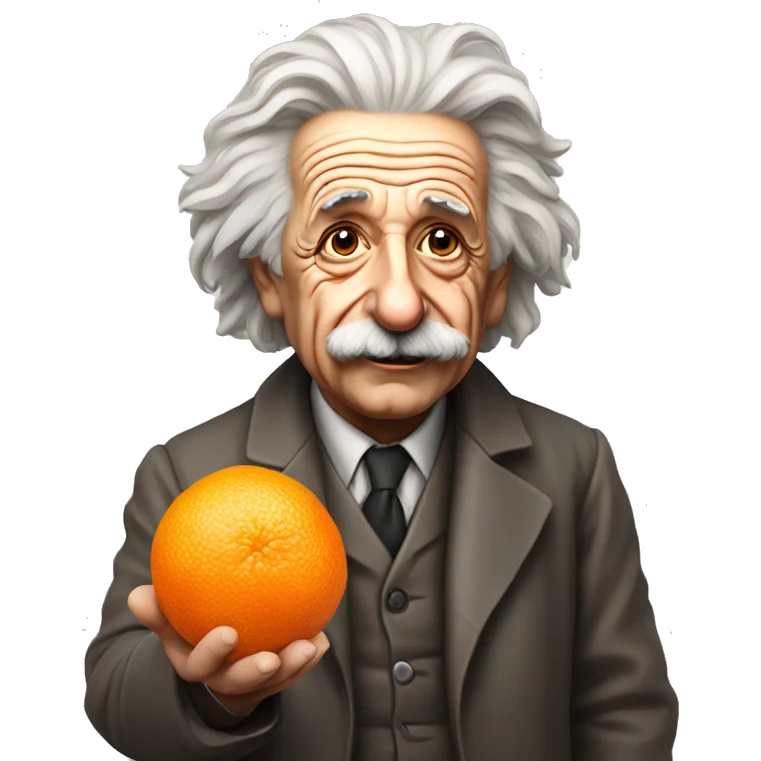 Albert Einstein holding an orange in his hands emoji