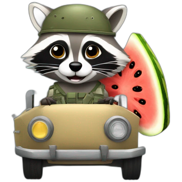 A military raccoon with a watermelon at the wheel of a car emoji