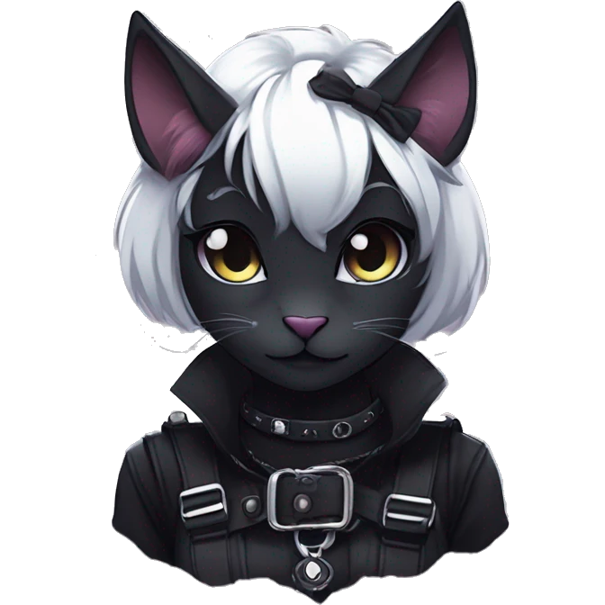 Gorgeous gothic dark techwear anime style anthro black cat furry with blushing face aesthetic and pretty edgy black with collar and harness trending style emoji